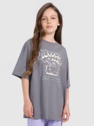 4F T-shirt oversize z nadrukiem dziewczęcy - szary 164 (13-14 lat). Szare t-shirty i topy dla dziewczynek 4f, bez wzorów, z bawełny, bez ramiączek. W wyprzedaży za 39.99 zł.
