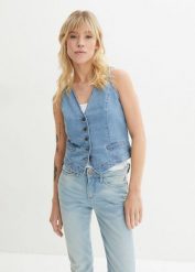 Kamizelka jeansowa ze stretchem. Niebieskie kurtki damskie bonprix, bez wzorów, z jeansu, klasyczne, bez kaptura. Za 114.99 zł.