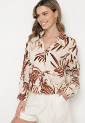 Beżowo-Brązowa Koszula z Wiskozy z Lnem w Abstrakcyjny Wzór Separelle. Brązowe bluzki damskie Born2be, s, z aplikacjami, z wiskozy, eleganckie, bez kołnierzyka, bez ramiączek. Za 64.99 zł.