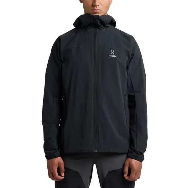 HAGLOFS Kurtka softshell męska MORAN SOFTSHELL HOOD MEN true black-XL. Czarne kurtki męskie Haglöfs, m, bez wzorów, z elastanu, biznesowe, z kapturem. Za 419.90 zł.