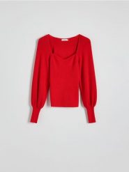 Sweter z bufiastymi rękawami - czerwony. Czerwone swetry damskie Reserved, l, bez wzorów, z dzianiny, bez kołnierzyka, bez ramiączek, bez kaptura. W wyprzedaży za 49.99 zł.