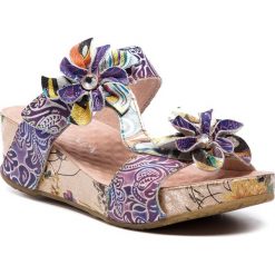 Klapki LAURA VITA - Bicngoo 059 SL11942-5A Violet. Fioletowe klapki damskie Laura Vita, z aplikacjami, z materiału, bez obcasa, na obcasie. W wyprzedaży za 249.00 zł.
