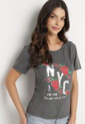 Ciemnoszary T-shirt z Bawełny Ozdobiony Napisami i Kwiatami Savierele. Szare bluzki damskie Born2be, l, bez wzorów, z bawełny, klasyczne, bez kołnierzyka. Za 39.99 zł.