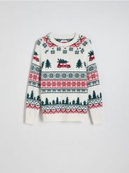 Sweter ze świątecznym wzorem - złamana biel. Swetry przez głowę męskie Reserved, l, bez wzorów, z bawełny, bez kołnierzyka. W wyprzedaży za 79.99 zł.
