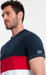 Ombre T-shirt męski trójkolorowy w szerokie pasy - granatowo-biały V1 OM-TSCT-0152 S. Białe t-shirty męskie Ombre, m, bez wzorów, bez kołnierzyka. Za 59.99 zł.