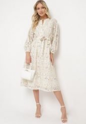 Beżowa Rozkloszowana Sukienka w Kwiaty z Paskiem w Talii Dimtia. Brązowe sukienki dla dziewczynek Born2be, na lato, bez wzorów, eleganckie, bez ramiączek. Za 169.99 zł.