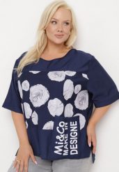 Granatowy Bawełniany T-shirt z Nadrukiem i Kieszonką Lovelina. Niebieskie bluzki damskie Born2be, l, bez wzorów, z bawełny, eleganckie, bez kołnierzyka. Za 44.99 zł.