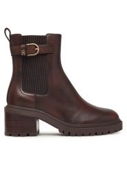 Tommy Hilfiger Botki Block Heel Buckled Chelsea Boot FW0FW09577 Brązowy ciemny. Brązowe botki damskie Tommy Hilfiger, ze skóry, bez obcasa, na słupku, bez zapięcia. Za 699.99 zł.