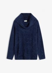 Sweter z golfem z miękkiej przędzy puchowej. Niebieskie swetry damskie bonprix, bez wzorów, z puchu, bez kołnierzyka, bez ramiączek, bez kaptura. Za 109.99 zł.