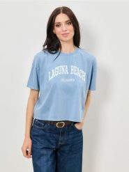 Bawełniana koszulka z napisem wakacyjnym - niebieski. Niebieskie t-shirty damskie Sinsay, l, bez wzorów, z bawełny, wakacyjne, bez kołnierzyka. Za 19.99 zł.