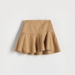 Spódnica z falbaną - beżowy. Brązowe spódnice damskie Reserved, l, bez wzorów, z bawełny, rozkloszowane. W wyprzedaży za 39.99 zł.