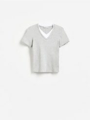 T-shirt w prążek - jasnoszary. Szare t-shirty damskie Reserved, l, bez wzorów, z bawełny, bez kołnierzyka. Za 59.99 zł.
