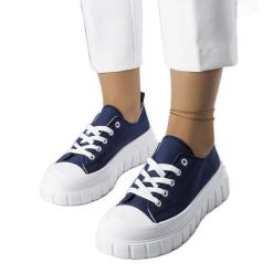 Granatowe trampki na platformie Bellemare niebieskie. Niebieskie trampki i tenisówki damskie bez wzorów, z gumy, klasyczne, bez zapięcia. Za 78.89 zł.