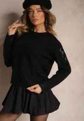 Czarny Sweter z Wełną Ozdobiony Cekinami Gebilae. Czarne swetry damskie Renee, bez wzorów, z jeansu, casualowe, bez kołnierzyka, bez ramiączek, długie, bez kaptura. Za 99.99 zł.