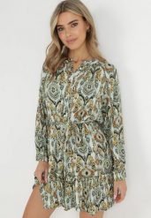 Zielona Sukienka Pudełkowa z Wiązanym Paskiem Fimu. Zielone sukienki damskie Born2be, xl, bez wzorów, z materiału, bez kołnierzyka, bez ramiączek, maxi. Za 49.99 zł.