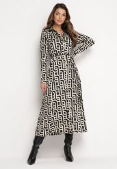 Beżowo-Czarna Koszulowa Sukienka Maxi w Geometryczny Wzór z Wiązanym Paskiem Gelama. Brązowe sukienki damskie Born2be, m, bez wzorów, z materiału, bez kołnierzyka, bez ramiączek, maxi, koszulowe. Za 99.99 zł.