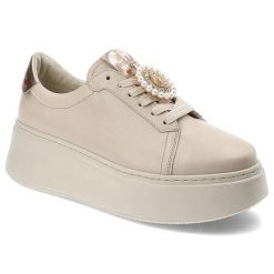 Beżowe Modne Sneakersy Chebello Z Ozdobami. Brązowe półbuty damskie CheBello, bez wzorów, z jeansu, eleganckie, bez obcasa, na platformie, bez zapięcia. Za 439.00 zł.
