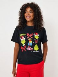 Bawełniana koszulka z nadrukiem Grinch - czarny. Czarne t-shirty damskie Sinsay, l, bez wzorów, z bawełny, bez kołnierzyka. Za 39.99 zł.