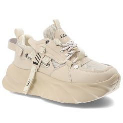 Sneakersy damskie GOE, cholewka ze skóry ekologicznej i materiałowej siateczkowe panele klasyczne wiązanie, beżowe, TT2N4012. Brązowe półbuty damskie GOE, bez wzorów, z materiału, klasyczne, bez obcasa, bez zapięcia. Za 439.00 zł.