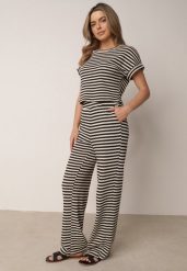 Beżowo-Czarny Dzianinowy Komplet z Bawełną Ozdobiony Wzorem w Paski Spodnie i Bluzka Amiphisia. Brązowe bluzki damskie Born2be, uniwersalny, bez wzorów, z bawełny. Za 179.99 zł.