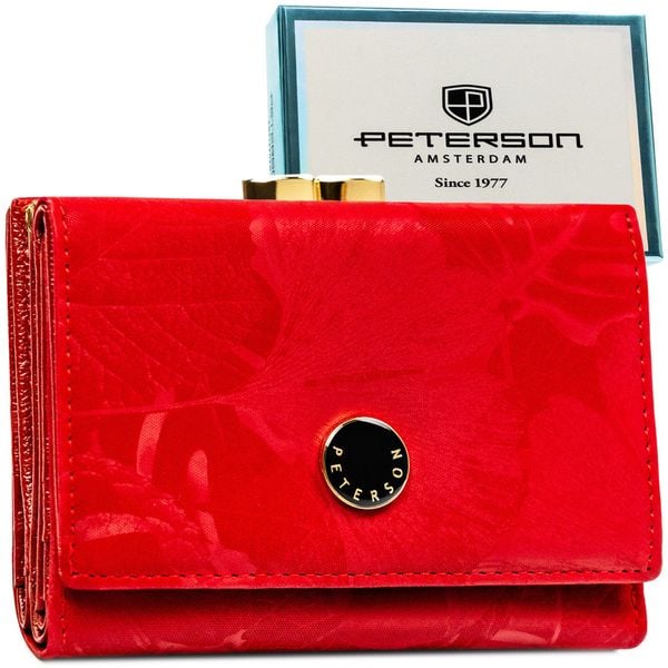 Elegancki, czerwony portfel damski ze skóry naturalnej i ekologicznej Peterson PTN PS15-09-MLF. Czerwone portfele damskie Peterson, bez wzorów, ze skóry. Za 119.99 zł.