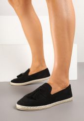 Czarne Espadryle Ozdobione Frędzlami na Nosku Wanelis. Czarne espadryle damskie Renee, bez wzorów, z jeansu, klasyczne, bez obcasa, na płaskiej podeszwie, bez zapięcia. Za 49.99 zł.