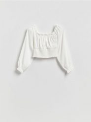 Bluzka z marszczeniem - biały. Białe bluzki damskie Reserved, l, bez wzorów, z dzianiny, bez kołnierzyka, bez ramiączek. Za 59.99 zł.