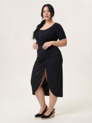 Spódnica midi z marszczeniem i rozcięciem Plus Size - czarny. Czarne spódnice damskie Sinsay, plus size, bez wzorów, plus size, midi. Za 49.99 zł.
