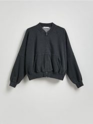 Bawełniana bluza z suwakiem - ciemnoszary. Szare bluzy damskie Reserved, l, bez wzorów, z bawełny, bez kaptura. W wyprzedaży za 69.99 zł.