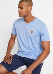 T-shirt z dekoltem w serek, w optyce dwuwarstwowego. Niebieskie t-shirty męskie bonprix, m, z aplikacjami, bez kołnierzyka. Za 59.99 zł.