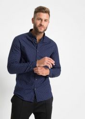 Koszula z długim rękawem, Slim Fit, z czystej bawełny. Niebieskie koszule męskie bonprix, l, bez wzorów, z bawełny, bez kołnierzyka, bez ramiączek. Za 94.99 zł.