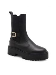 Badura Sztyblety INES-9182 Czarny. Czarne botki damskie Badura, ze skóry, bez obcasa, na płaskiej podeszwie, bez zapięcia. Za 429.99 zł.