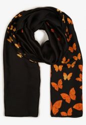 Czarno-Pomarańczowy Szalik z Motywem Motyli Sianella. Czarne szaliki i chusty damskie Born2be, bez wzorów, eleganckie. Za 39.99 zł.