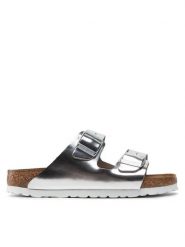 Birkenstock Klapki Arizona Metallic 1005961 Srebrny. Szare klapki damskie Birkenstock, bez wzorów, ze skóry, bez obcasa. Za 329.99 zł.