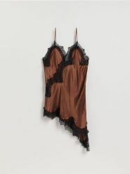 Tunika z koronką - ciemnobrązowy. Brązowe tuniki damskie Reserved, l, bez wzorów, z koronki, bez kołnierzyka, bez ramiączek. Za 199.99 zł.