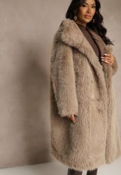 Ciemnobeżowy Dwurzędowy Płaszcz Futerko o Dwustronnym Kroju z Kołnierzem Nalaneva. Brązowe płaszcze damskie Renee, l, bez wzorów, z futra, eleganckie, bez kaptura. Za 449.99 zł.
