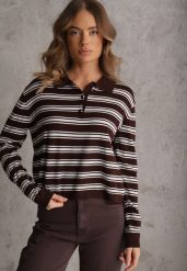 Brązowy Pasiasty Sweter z Kołnierzem i Guzikami Marlea. Brązowe swetry damskie Renee, m, bez wzorów, z jeansu, casualowe, bez kołnierzyka, bez ramiączek, bez kaptura. Za 109.99 zł.