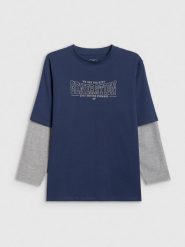 4F Longsleeve loose z nadrukiem chłopięcy - granatowy 134/140 (8-10 lat). Niebieskie t-shirty dla chłopców 4f, bez wzorów, z bawełny, bez ramiączek. Za 69.99 zł.