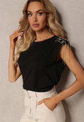 Czarny Top z Łańcuszkami i Kryształkami na Usztywnionych Ramionach Liefara. Czarne bluzki damskie Renee, s, bez wzorów, bez kołnierzyka, bez ramiączek. Za 39.99 zł.
