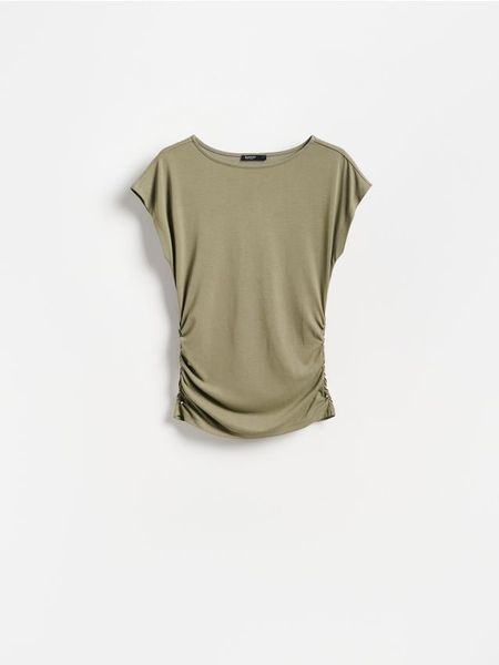 T-shirt z modalem - ciemnozielony. Zielone t-shirty damskie Reserved, l, bez wzorów, z dzianiny, bez kołnierzyka. Za 69.99 zł.
