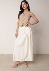 Jasnobeżowa Wiskozowa Spódnica o Rozkloszowanym Kroju z Plisami i Paskiem Rolea. Brązowe spódnice damskie Born2be, l, bez wzorów, z dzianiny, biznesowe, maxi, dopasowane. Za 149.99 zł.