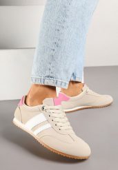 Beżowe Sneakersy z Geometrycznymi Paskami Desmira. Brązowe obuwie sportowe damskie Renee, bez wzorów, z jeansu. Za 74.99 zł.
