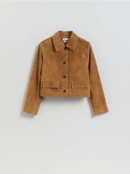 Skórzana marynarka - bursztynowy. Pomarańczowe żakiety damskie Reserved, l, bez wzorów, ze skóry. Za 559.99 zł.