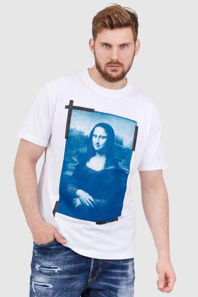 OFF-WHITE Biały t-shirt męski z nadrukiem mona lisy, Rozmiar S. Białe t-shirty męskie OFF-WHITE, l, bez wzorów, bez kołnierzyka. W wyprzedaży za 950.99 zł.