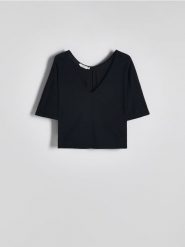 Dzianinowy t-shirt z modalu - czarny. Czarne t-shirty damskie Reserved, l, bez wzorów, z dzianiny, bez kołnierzyka. W wyprzedaży za 59.99 zł.