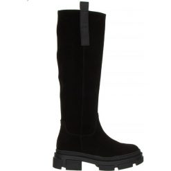 Kozaki Bayla-159 4405 003-P Czarny Welur 159077, Skóra naturalna - 38. Czarne kozaki damskie Bayla, z gumy, przed kolano, bez obcasa, na płaskiej podeszwie. W wyprzedaży za 269.10 zł.