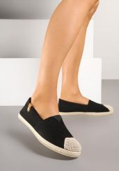 Czarne Espadryle z Elastyczną Wstawką Zdobione Plecionką Kinellis. Czarne espadryle damskie Renee, na lato, z aplikacjami, eleganckie, bez obcasa, bez zapięcia. Za 39.99 zł.