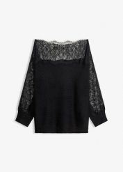 Letni sweter z dzianiny, z koronką. Białe swetry damskie bonprix, na lato, bez wzorów, z dzianiny, eleganckie, bez kołnierzyka, bez ramiączek, bez kaptura. Za 47.99 zł.