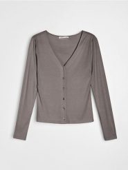 Prążkowana bluzka z wiskozy - brązowy. Brązowe bluzki damskie Sinsay, l, bez wzorów, prążkowane, bez kołnierzyka, bez ramiączek. Za 35.99 zł.