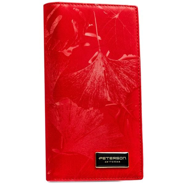 Duży, czerwony, pionowy portfel damski Peterson PTN PS1431-MLF. Czerwone portfele damskie Peterson, z aplikacjami, ze skóry. Za 124.99 zł.